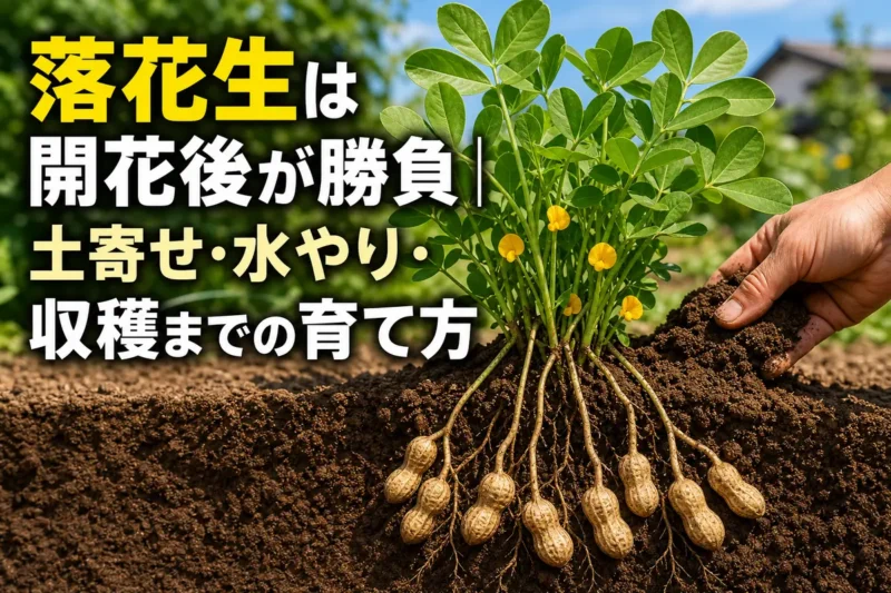 黄色い花の下で子房柄が土に入り、落花生の莢が育つ様子。