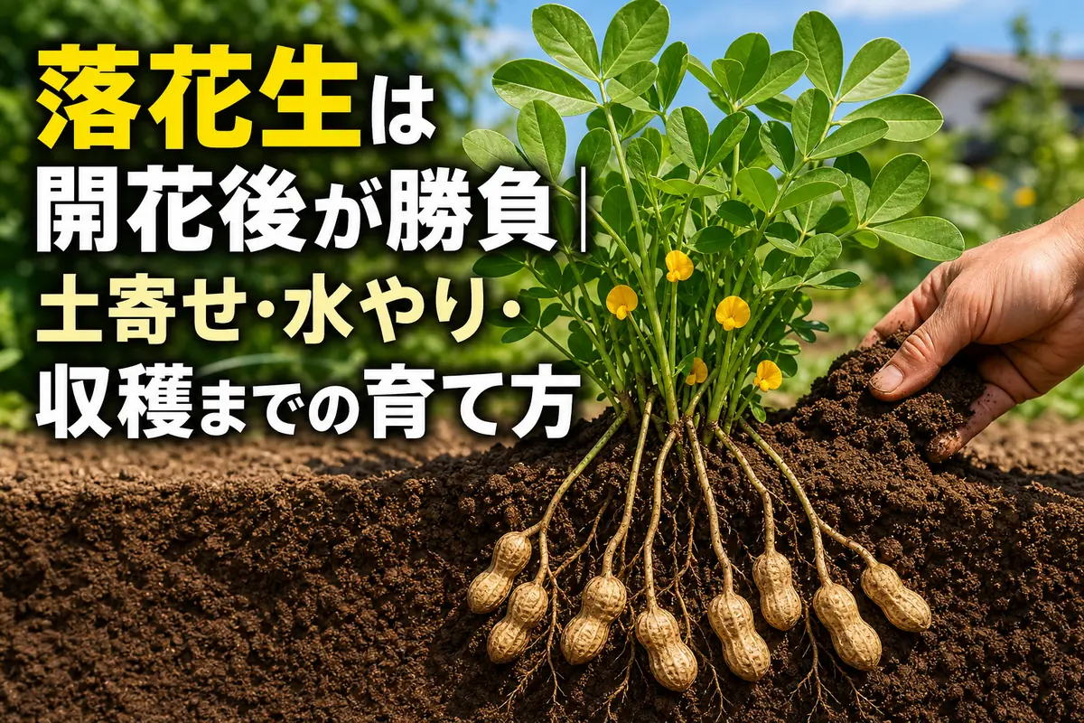 黄色い花の下で子房柄が土に入り、落花生の莢が育つ様子。