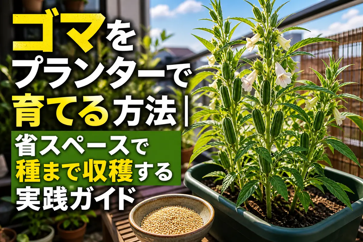 日当たりのよい小さな菜園でプランター栽培されているゴマ。