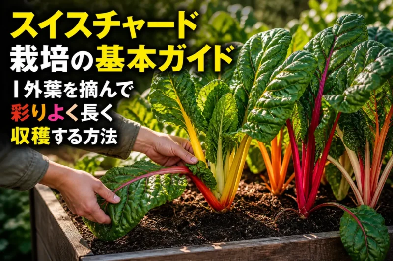 プランターで育つカラフルなスイスチャードの外葉を収穫している様子。