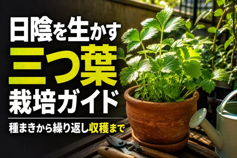 半日陰のベランダで青々と育つプランター植えの三つ葉。