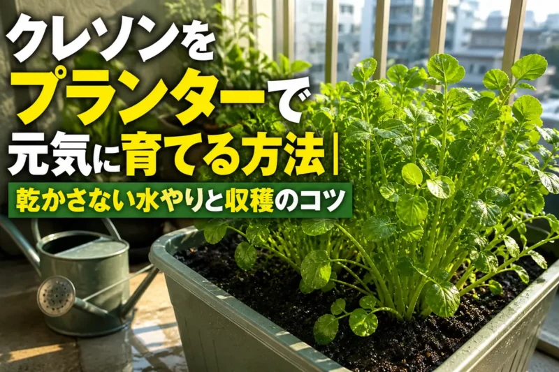 ベランダのプランターでみずみずしく育つクレソン。