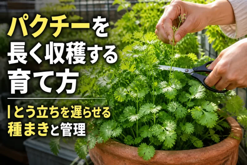 プランターで青々と育ったパクチーの外葉を収穫する様子。