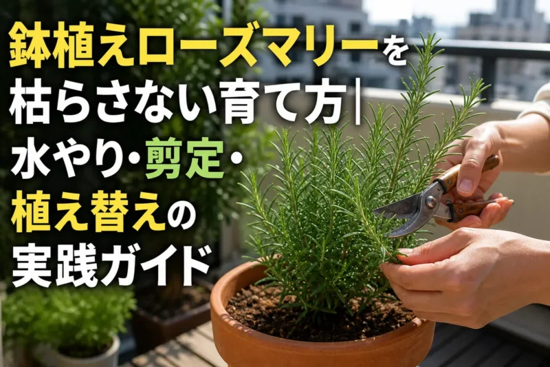 日当たりのよいベランダで鉢植えローズマリーを剪定している様子。