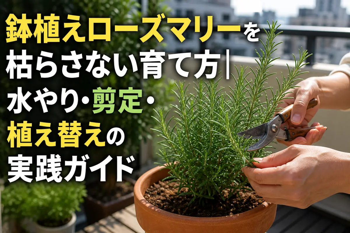 日当たりのよいベランダで鉢植えローズマリーを剪定している様子。