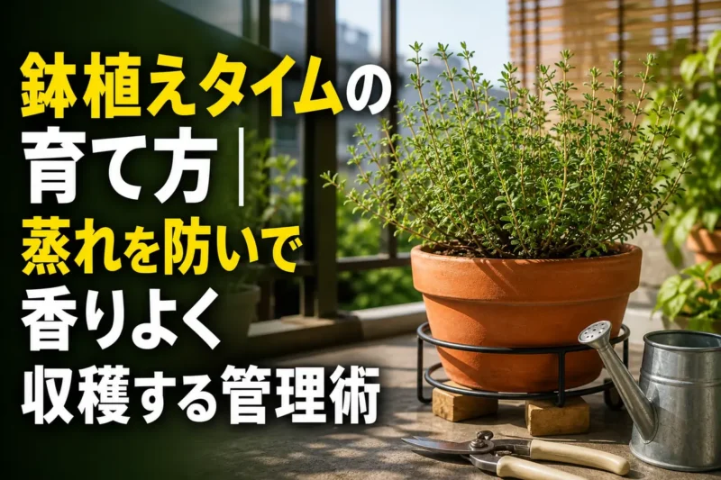風通しのよいベランダで元気に育つ鉢植えのタイム。