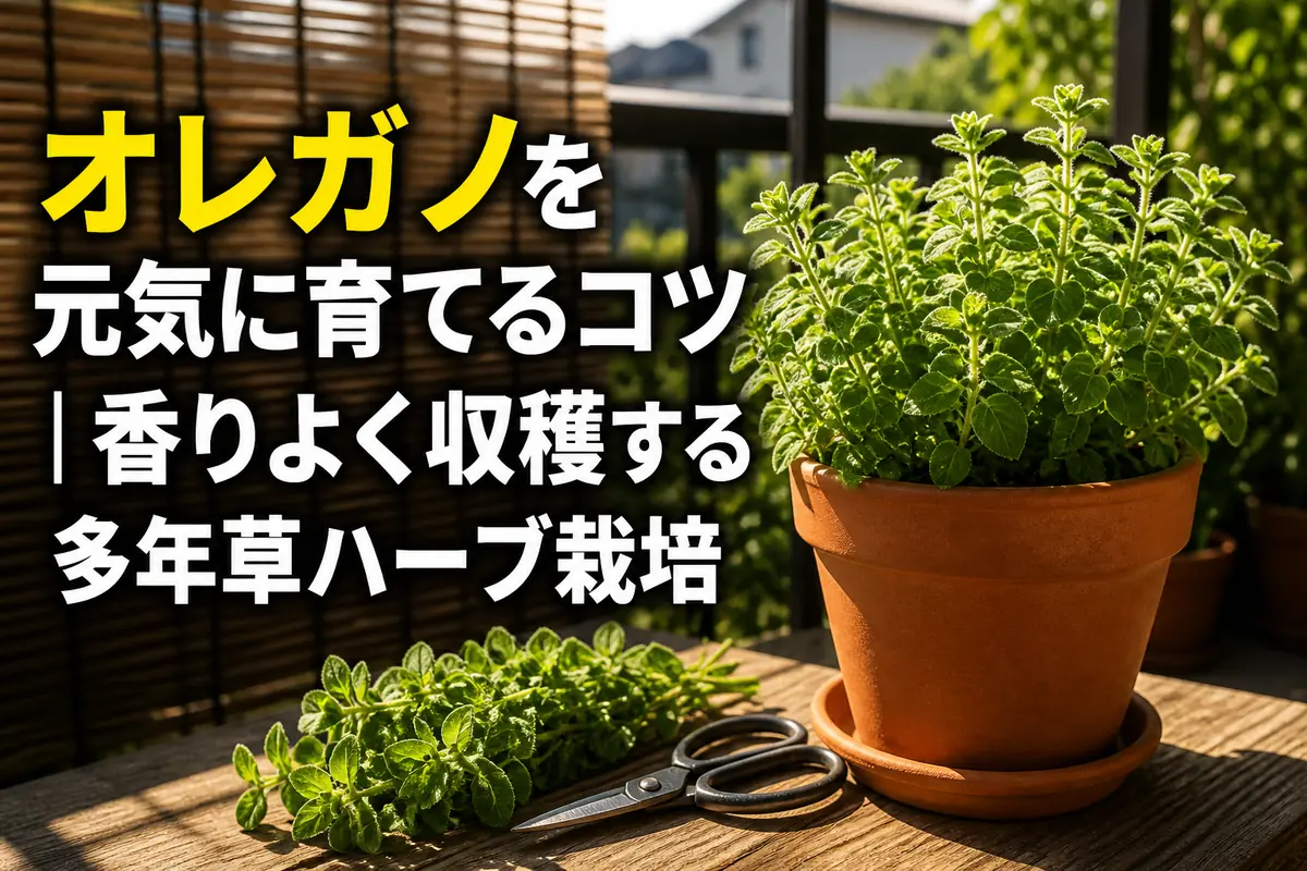 日当たりのよいベランダで鉢植えのオレガノを収穫する様子。