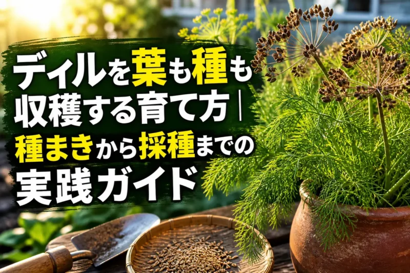 家庭菜園で育つディルの葉と収穫期を迎えた種の花序。