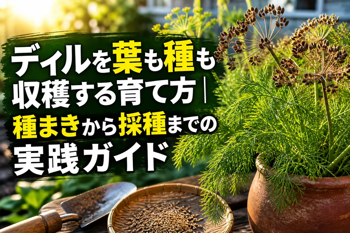 家庭菜園で育つディルの葉と収穫期を迎えた種の花序。