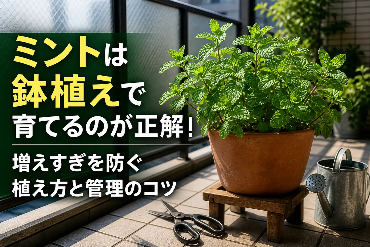 鉢スタンドの上で単独栽培されている青々としたミント。