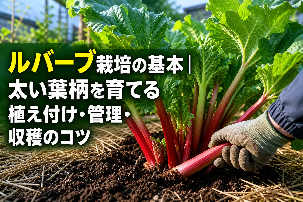家庭菜園で太く育ったルバーブの葉柄を収穫する様子。