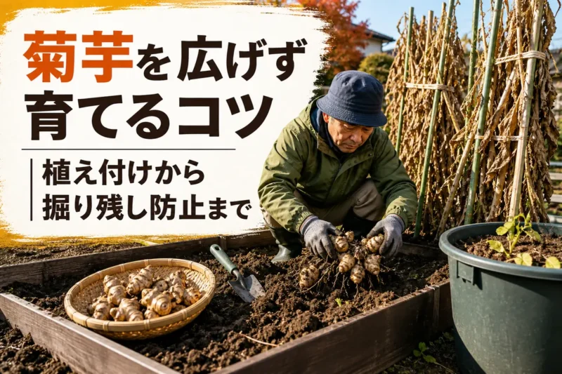 区画を限定した菜園で菊芋を丁寧に掘り取る様子。