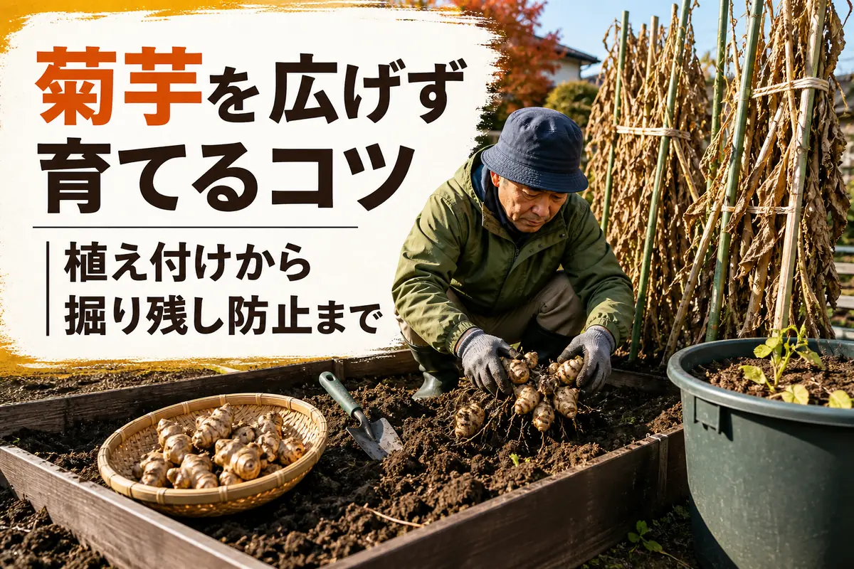 区画を限定した菜園で菊芋を丁寧に掘り取る様子。