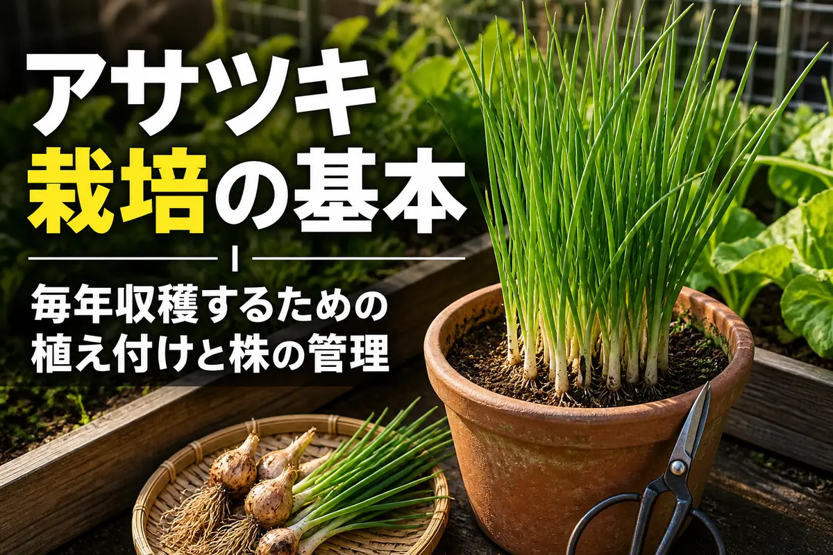 プランターで青々と育つアサツキと植え付け用の種球。