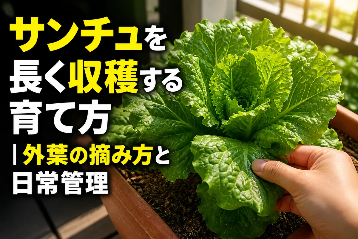 プランターで育つサンチュの外葉を手で収穫している様子。