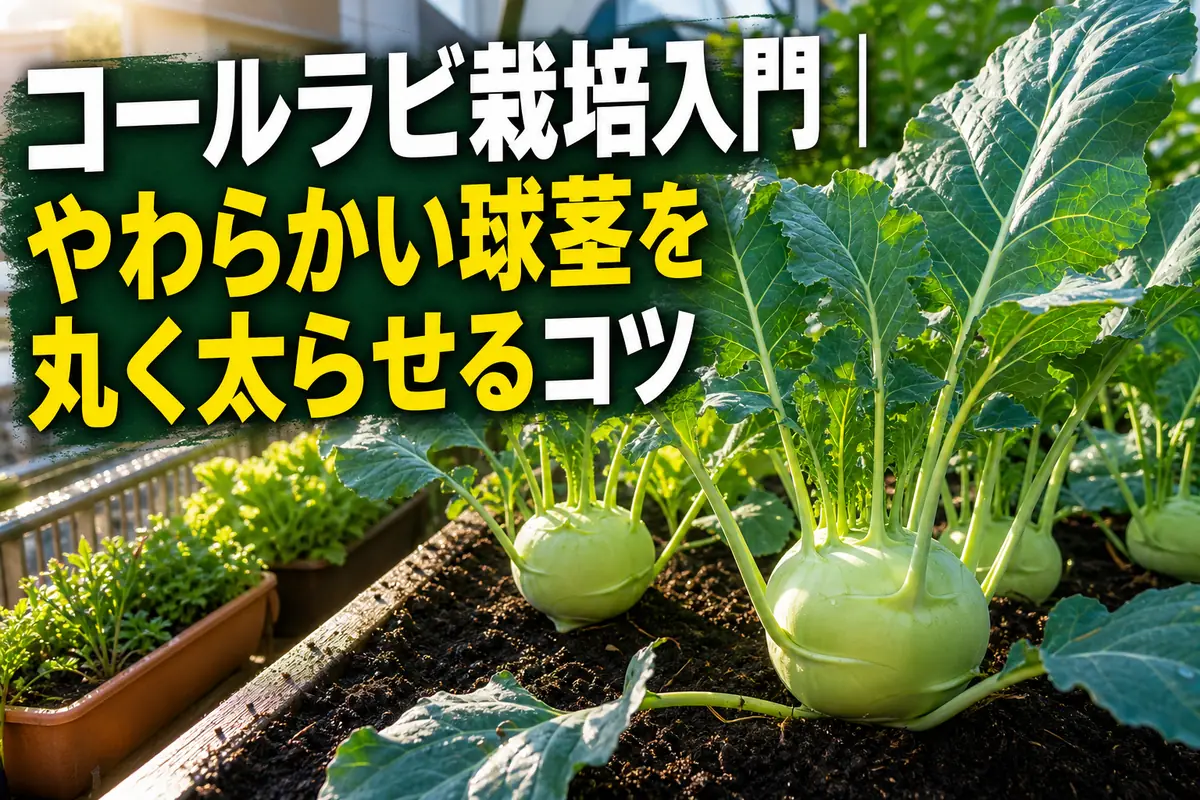 家庭菜園で丸く育った淡緑色のコールラビ。