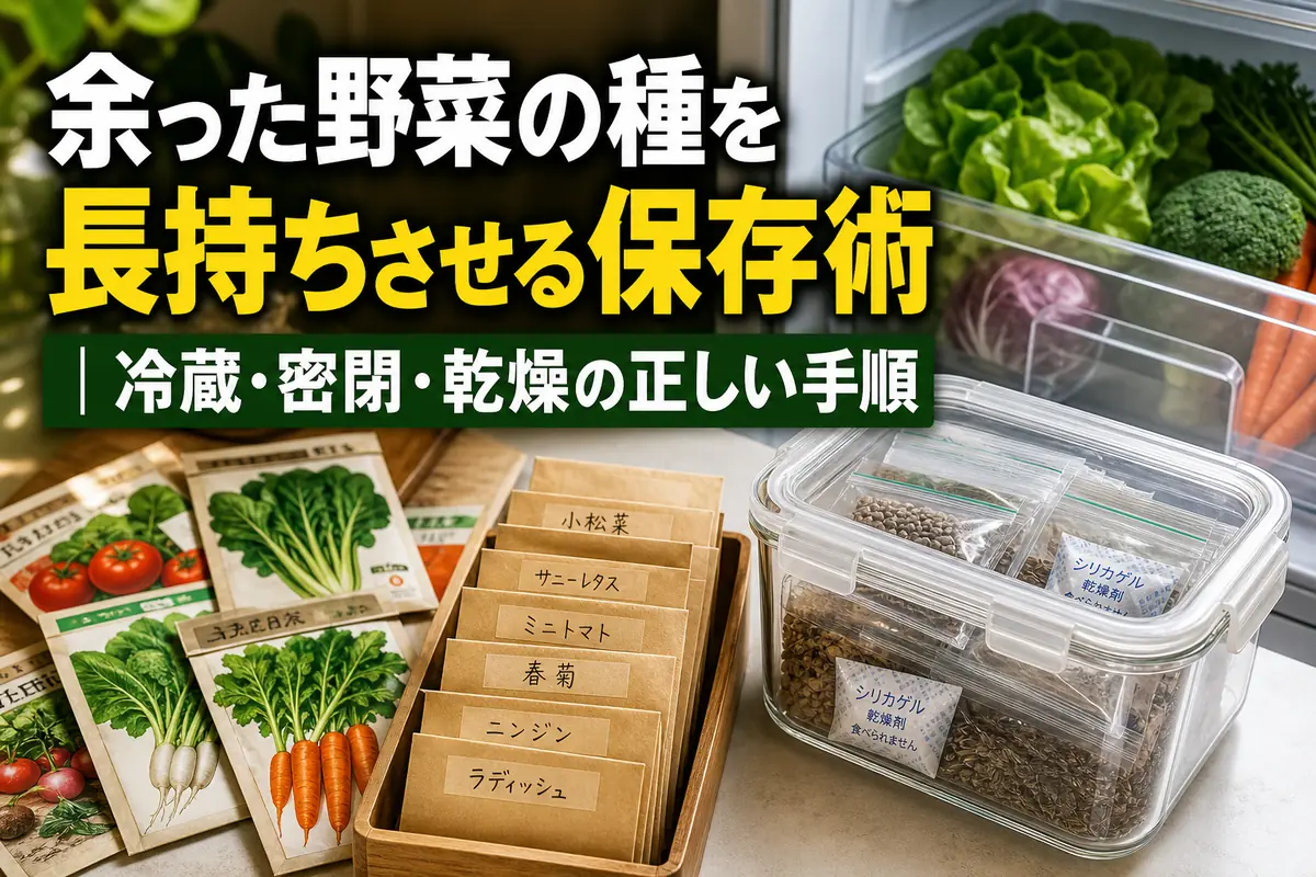 野菜の種袋と乾燥剤を密閉容器へ入れて保存する様子。