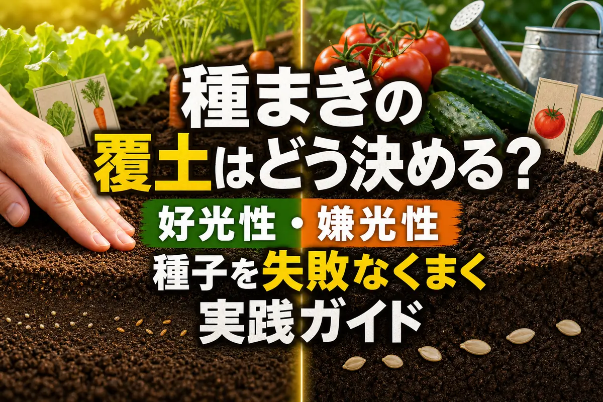 野菜の種ごとに覆土の厚さを変えて種まきする様子。