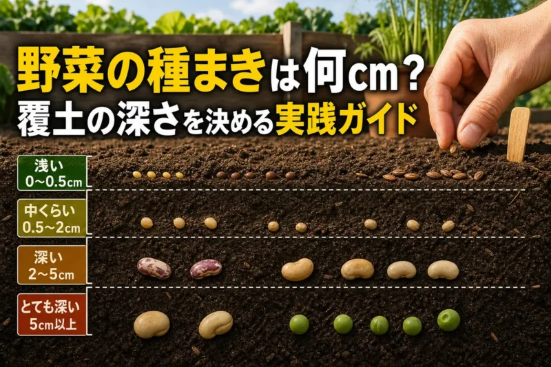 大きさの異なる野菜の種を適切な深さにまく様子。