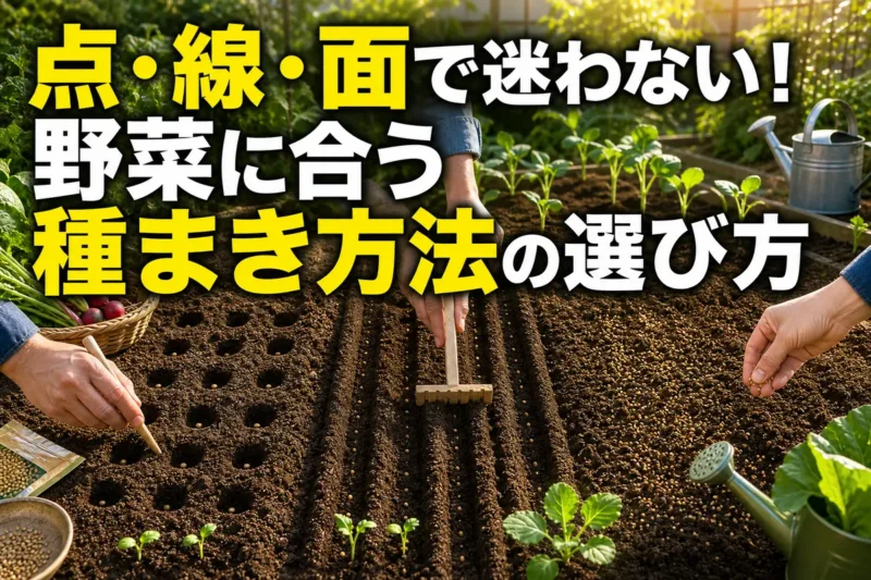 家庭菜園で点まき・すじまき・ばらまきを実践する様子。