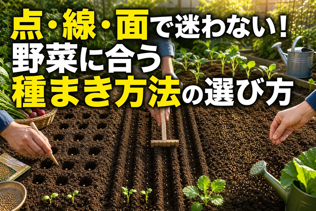 家庭菜園で点まき・すじまき・ばらまきを実践する様子。