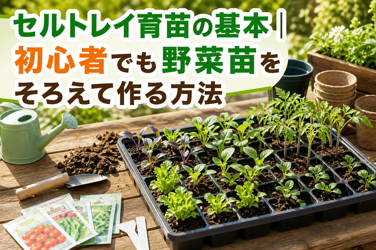 セルトレイに並んだ健康な野菜の幼苗と育苗道具。