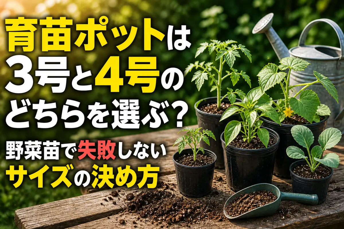 3号と4号のポリポットで育つ複数の野菜苗。