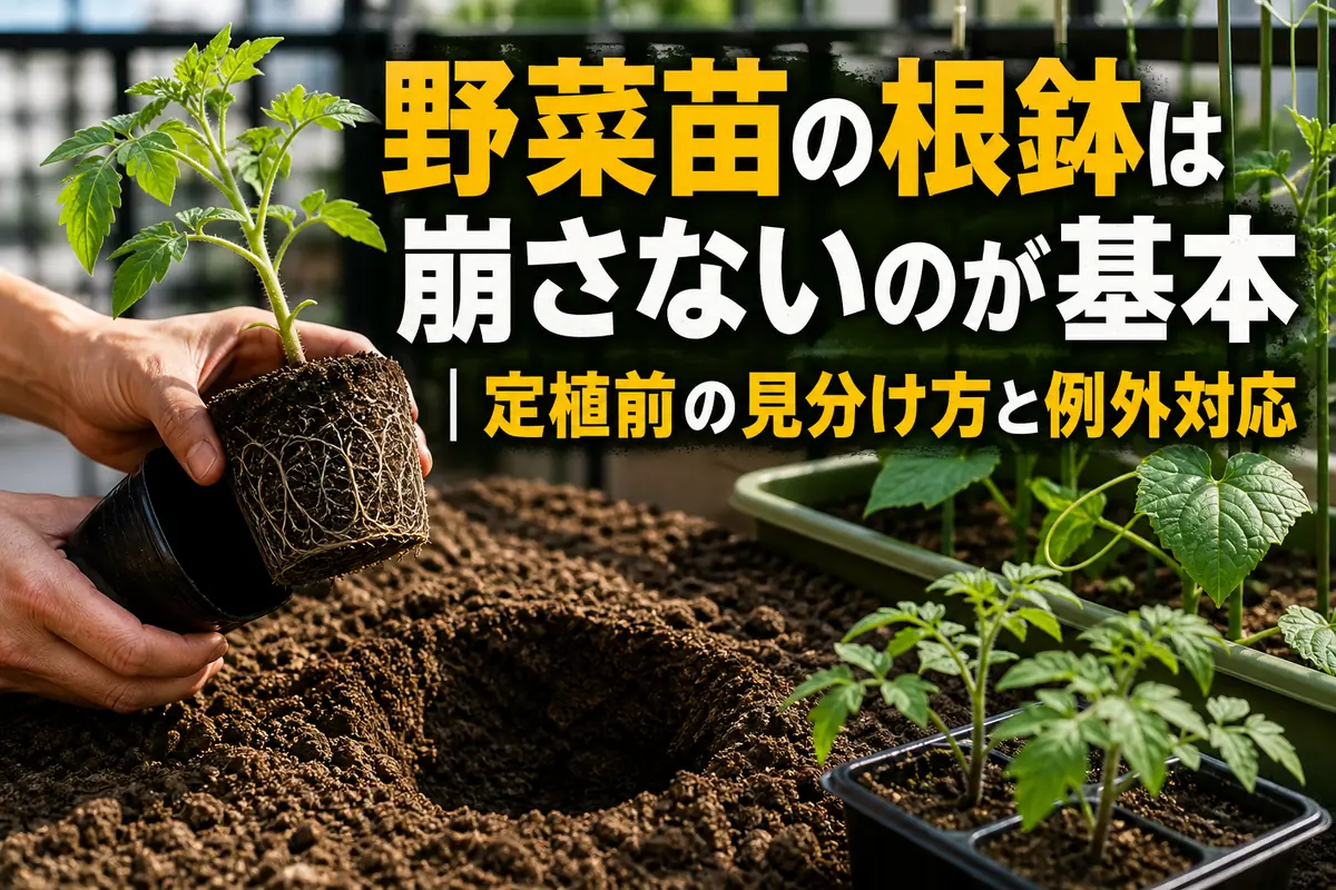 野菜苗の崩れていない根鉢を手で支えて定植する様子。