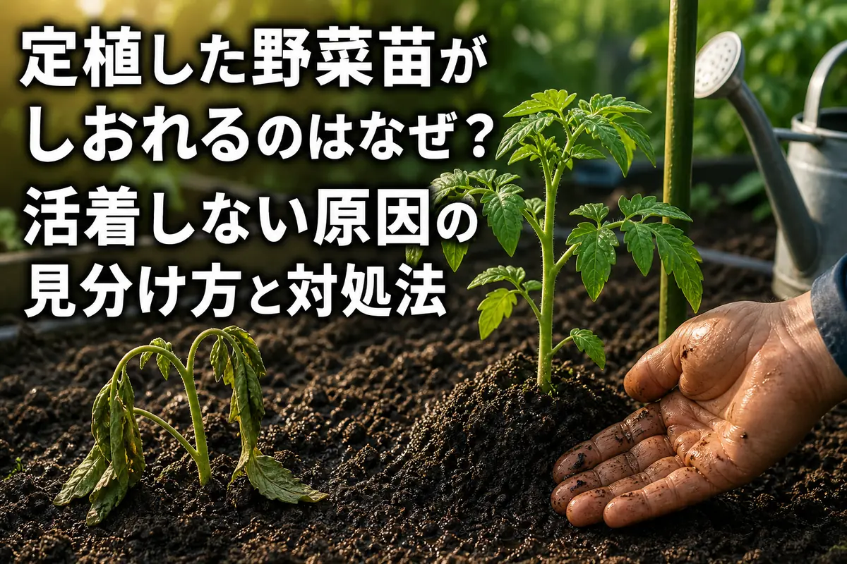 定植後の野菜苗の土の湿り具合を確認している様子。
