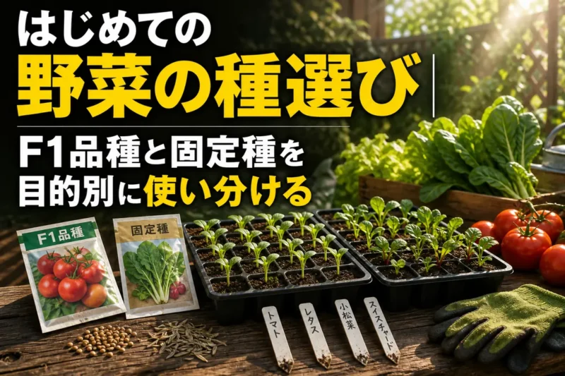 F1品種と固定種の種袋や野菜苗を並べて比較する家庭菜園の作業台。