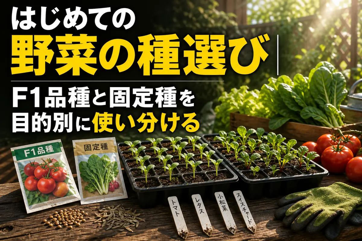 F1品種と固定種の種袋や野菜苗を並べて比較する家庭菜園の作業台。