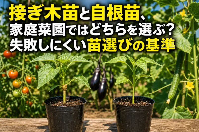 接ぎ木部分のある野菜苗と自根苗を並べて比較している様子。
