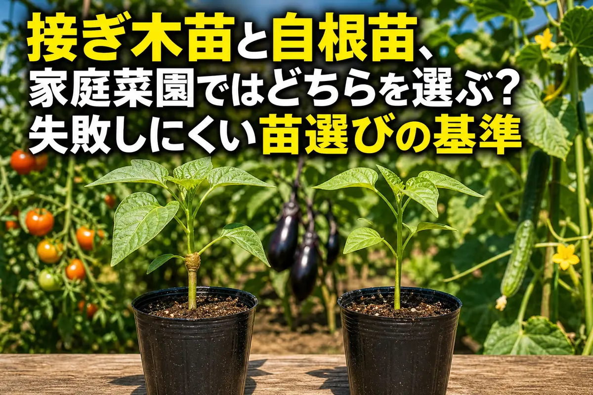 接ぎ木部分のある野菜苗と自根苗を並べて比較している様子。