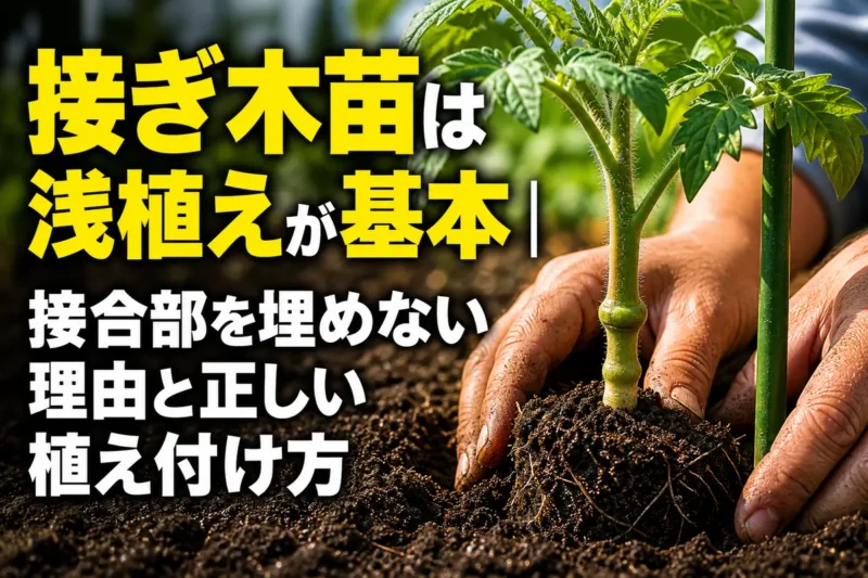 接合部を土の上に出して植え付けた野菜の接ぎ木苗。