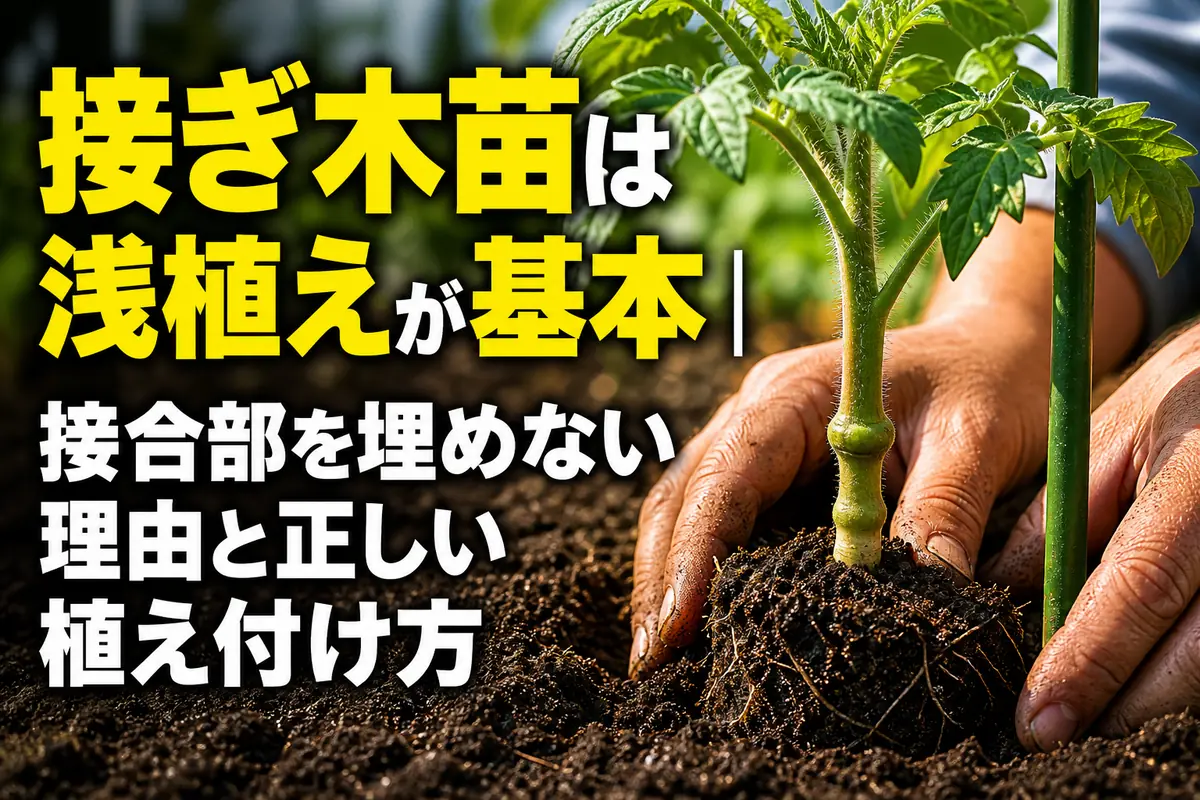 接合部を土の上に出して植え付けた野菜の接ぎ木苗。