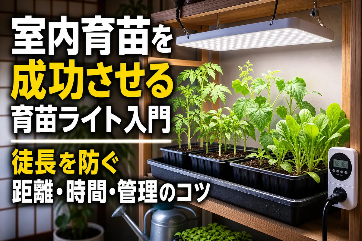 LED育苗ライトの下で丈夫に育つ野菜苗。