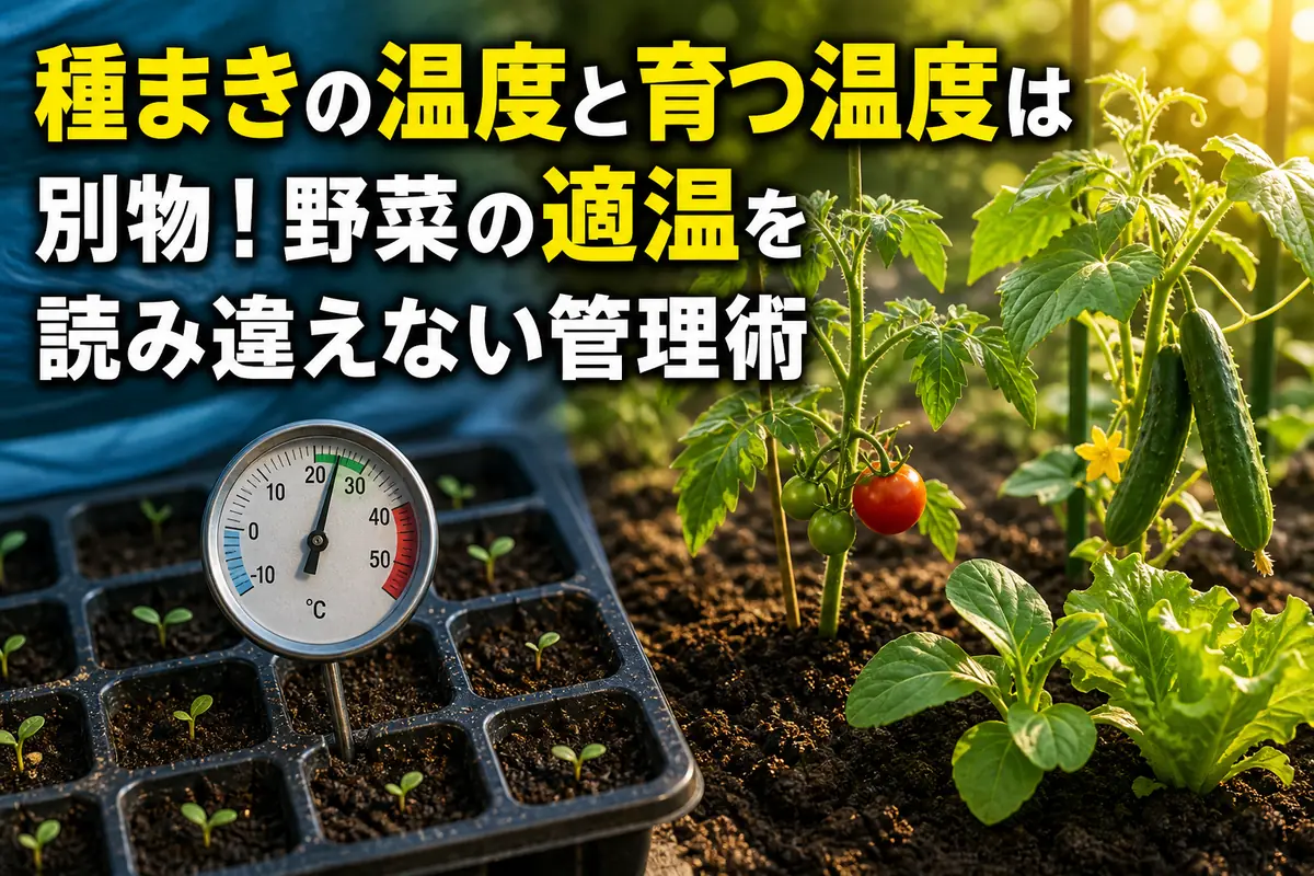 地温計を挿した育苗トレーと元気に育つ野菜苗。