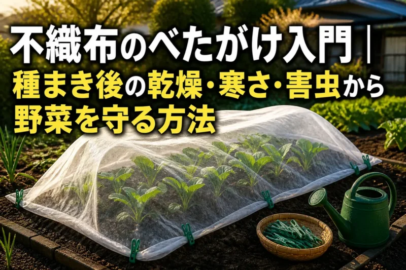 野菜の幼苗を白い不織布でべたがけした家庭菜園の畝。