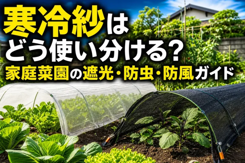 寒冷紗をトンネル支柱に掛けて野菜を守る家庭菜園。