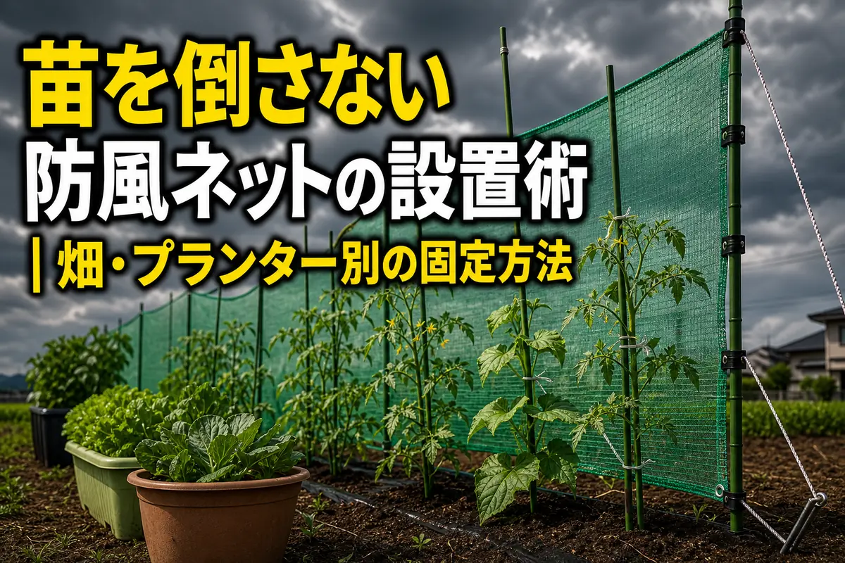 家庭菜園の苗を守るため支柱に固定された防風ネット。