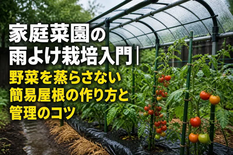 透明な簡易屋根の下で育つトマトとミニトマトの家庭菜園。
