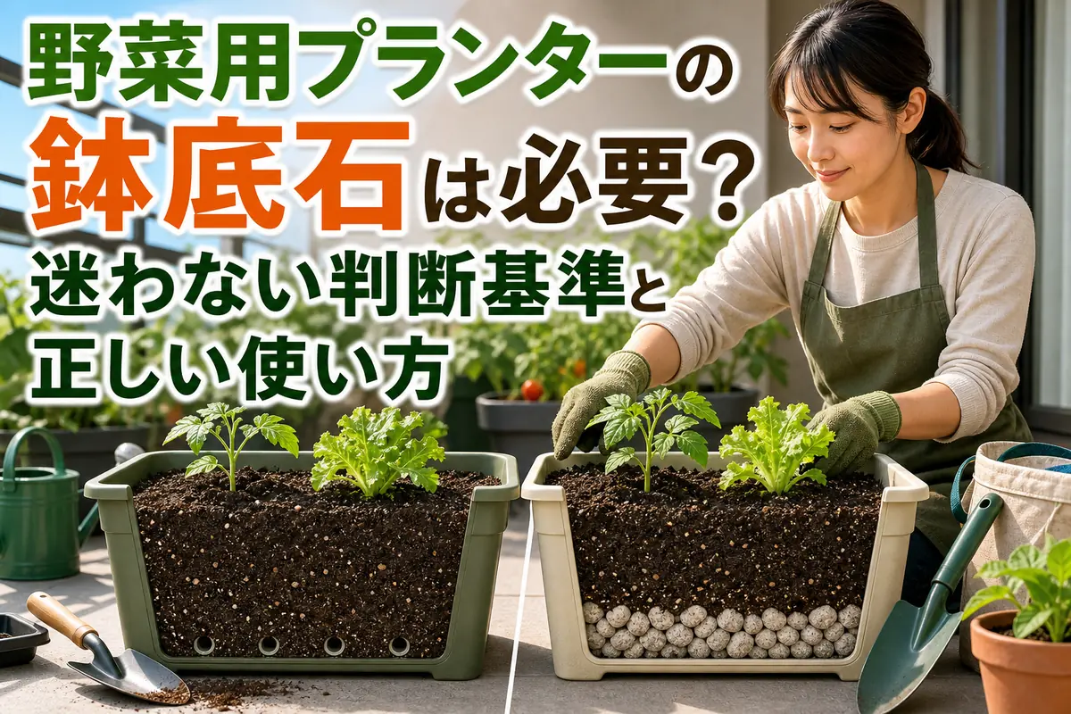 野菜用プランターの排水構造と鉢底石の使い分けを比較する様子。