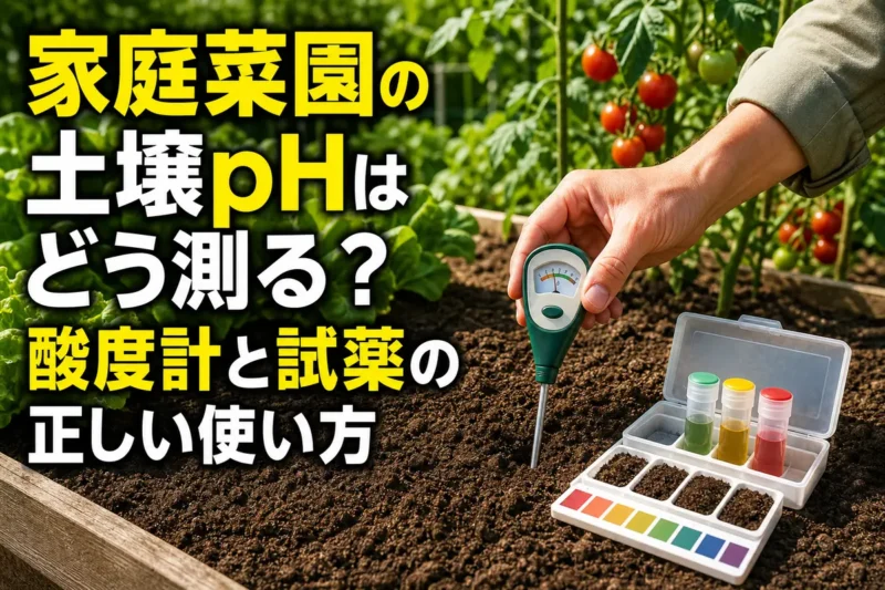 家庭菜園の土を酸度計と試薬キットで測定する様子。