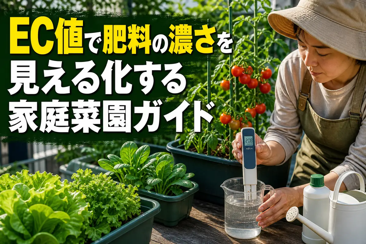 家庭菜園の培養液をECメーターで測定している様子。