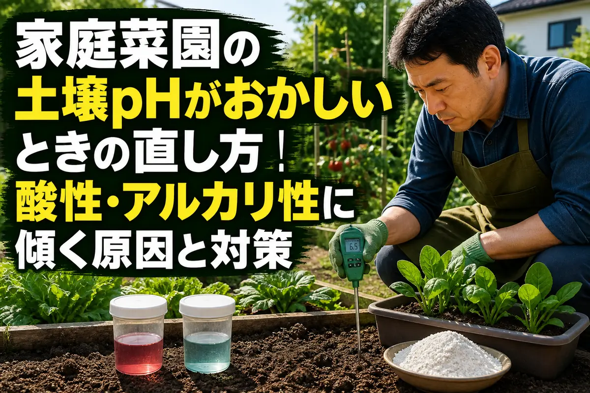 家庭菜園の畑で土壌pHを測り、酸性とアルカリ性の土を確認している様子。