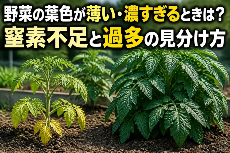 窒素不足で下葉が黄化した株と、窒素過多で濃緑に茂った株の比較。