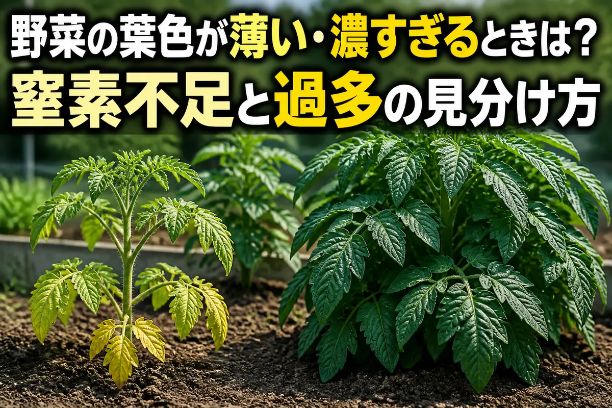 窒素不足で下葉が黄化した株と、窒素過多で濃緑に茂った株の比較。