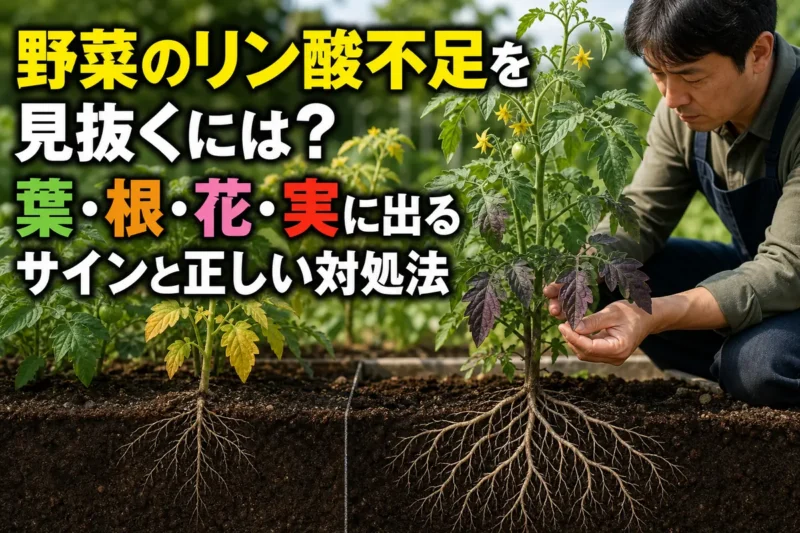紫色を帯びた野菜の下葉を確認する家庭菜園の様子。