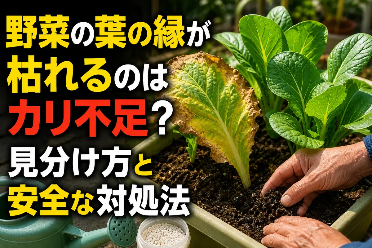 葉の縁が黄化して枯れた野菜とプランターの土を確認する様子。