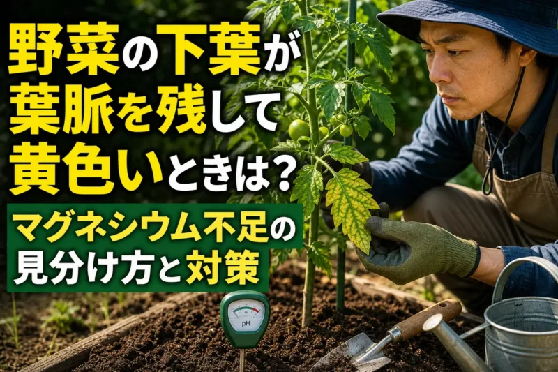 葉脈を残して黄化した野菜の下葉を確認する様子。